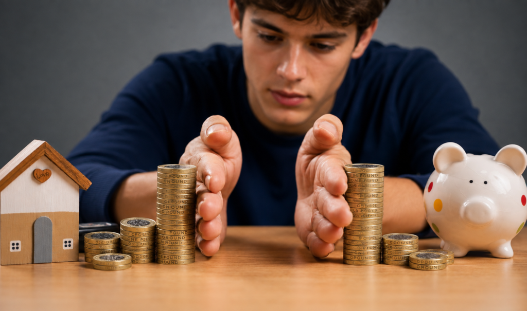 Stacks of British pound coins between a model house and a piggy bank, symbolising a young adult making financial decisions.