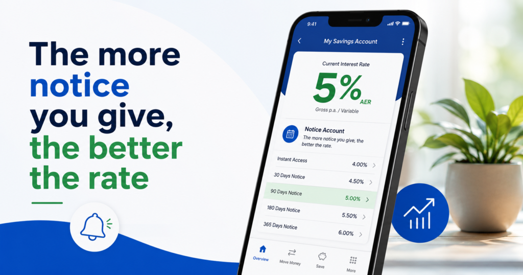 A smartphone displaying notice savings account offering higher interest rates for longer notice periods.