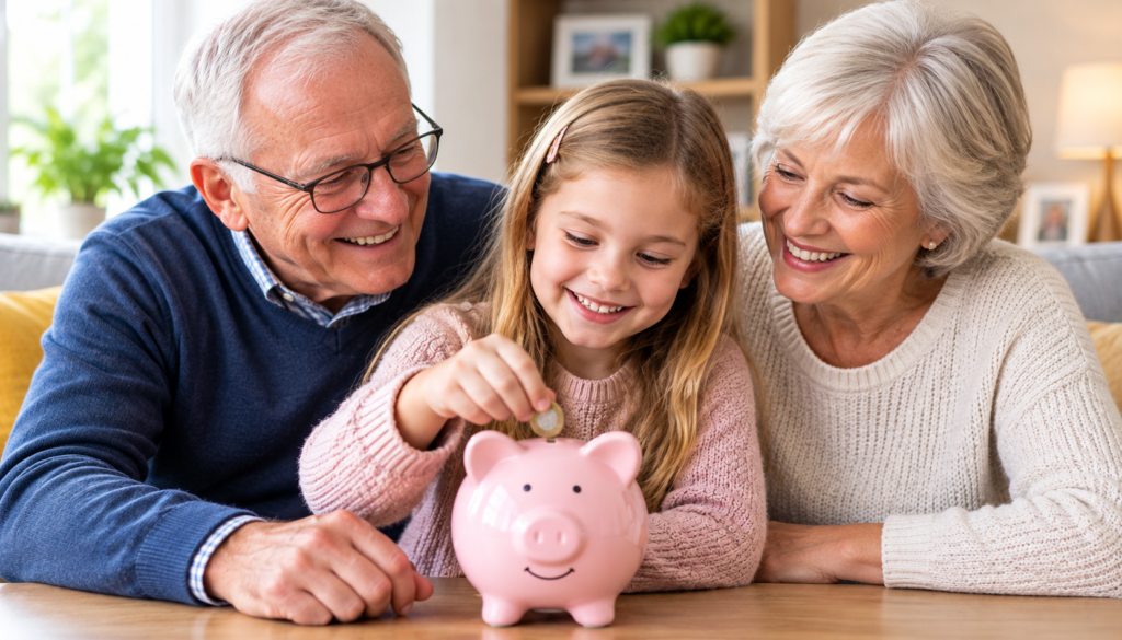 Grandparents giving their granddaughter for a piggy bank, symbolising grandparents contributions to her children's savings account.