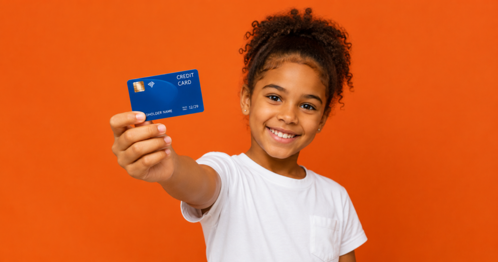 A young girl proudly showing a debit card for a children's savings account.