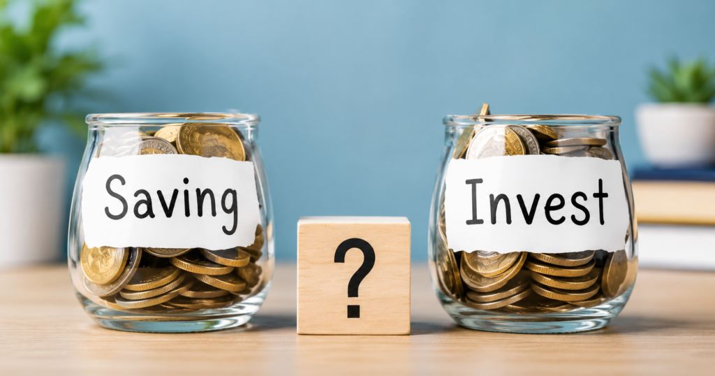 Two glass jars filled with coins labelled "Saving" and "Invest" representing the choice between saving or investing.